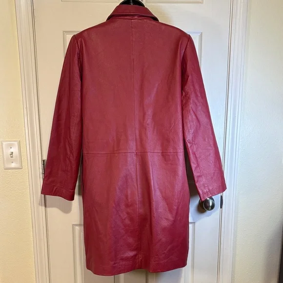 Vintage Women’s Newport News 100% Red Leather Trench Coat /Leopard Lining Sz L - Picture 2 of 11